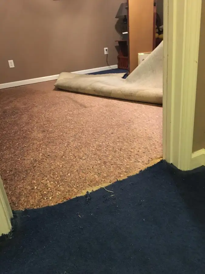 Carpet pad removal revealing water damage during Drying & Dehumidification in West Clarkston-Highland